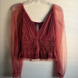 Anthropologie Burgundy Sheer Sleeve Blouse